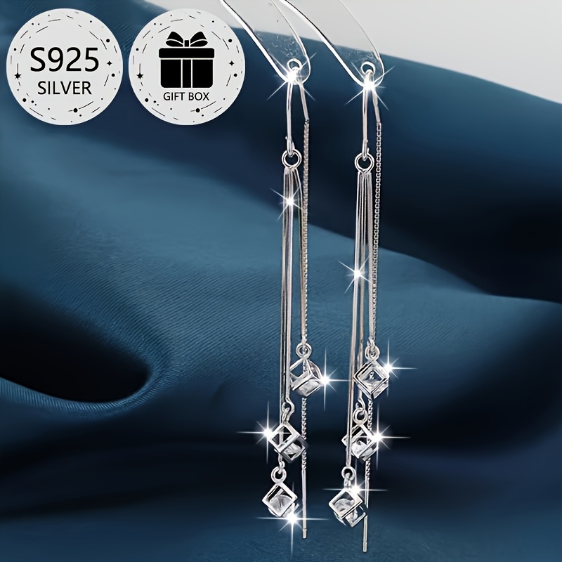925 Silver Tassel Three Cube Drop Earrings for Women